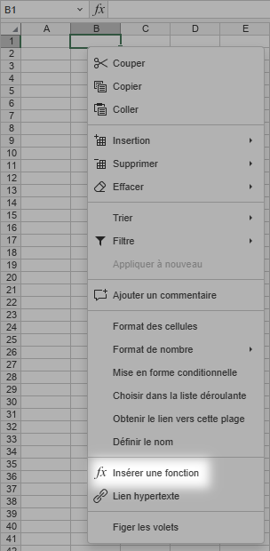 insérer une fonction menu de cellule