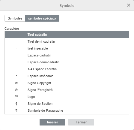 La barre latérale Insérer des symboles