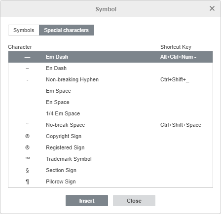 Insert symbol sidebar