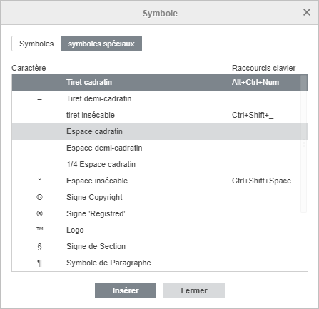 La barre latérale Insérer des symboles