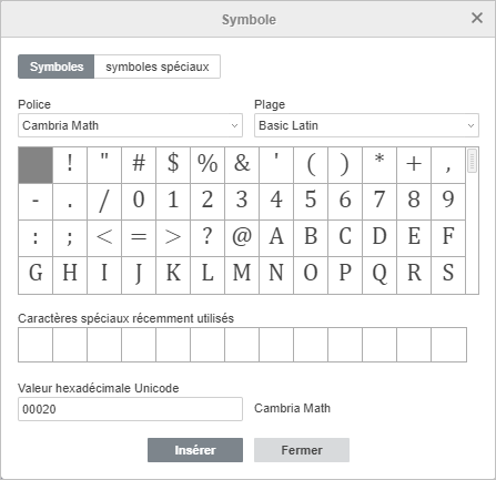 La barre latérale Insérer des symboles