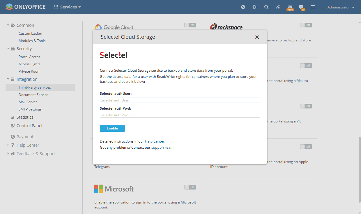 Integracija Selectel