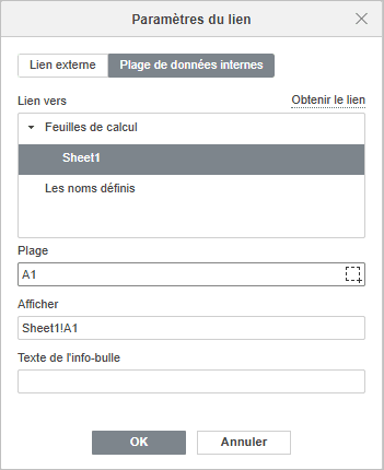 Fenêtre Paramètres du lien