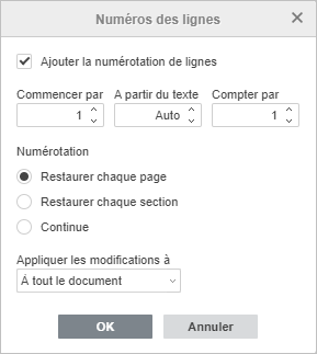 Fenêtre Numéros de ligne