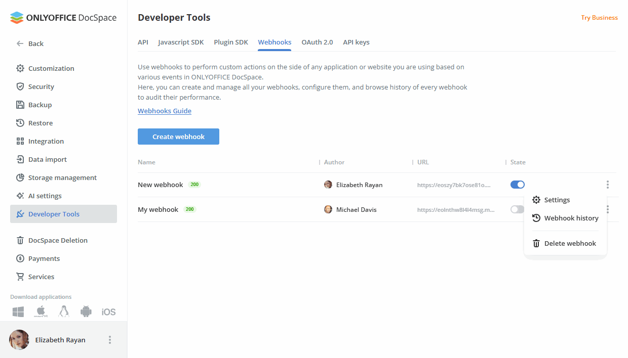 Using webhooks in DocSpace