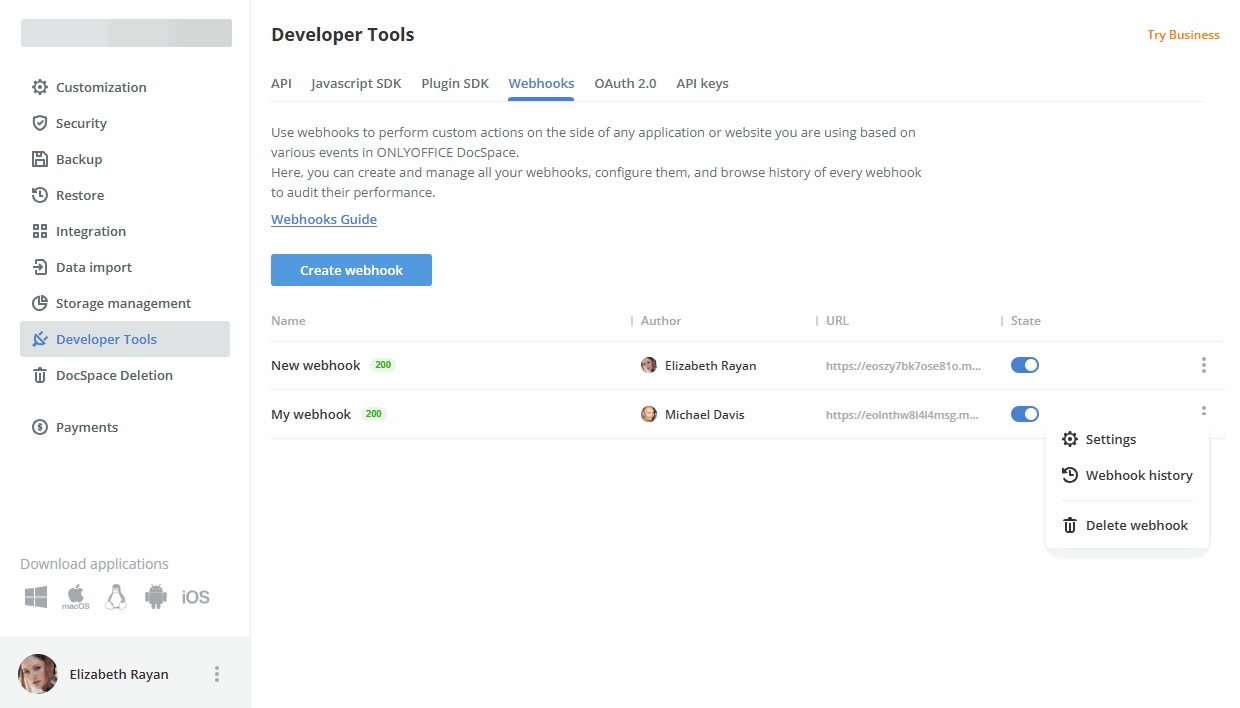Using webhooks in DocSpace