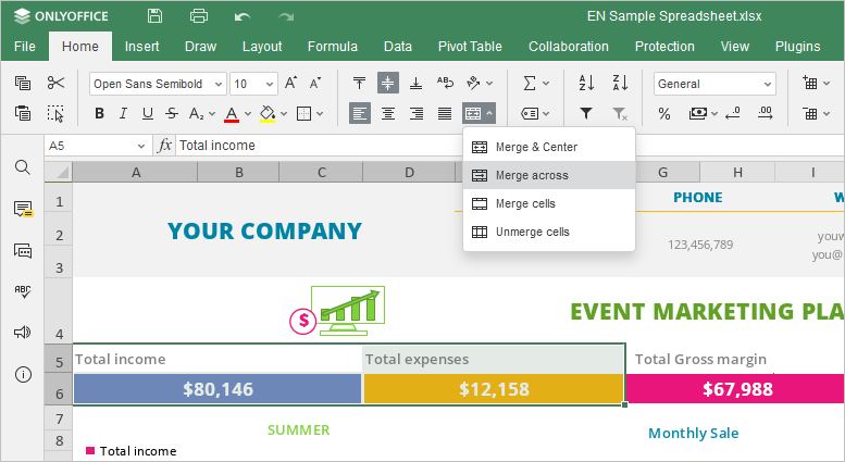 merge and center - menu