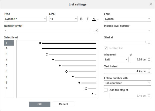 Fenêtre Paramètres avancés de la liste multiniveaux