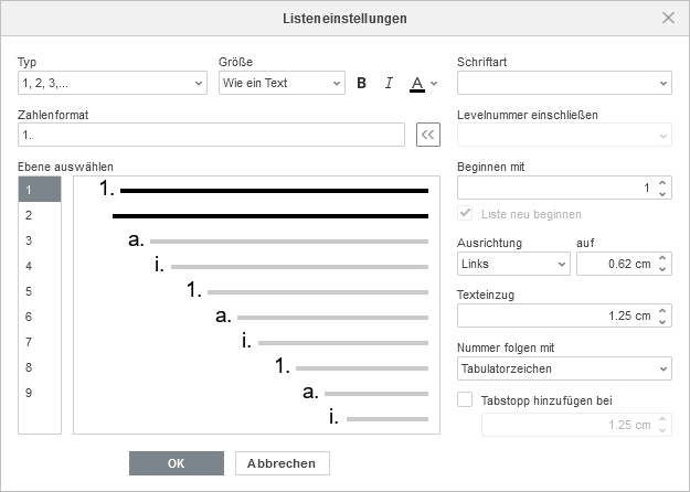 Mehrstufige Liste - Erweiterte Einstellungen - Fenster