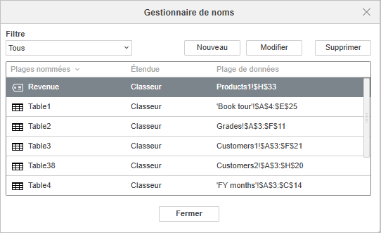 Fenêtre Gestionnaire de noms