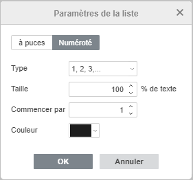 La fenêtre Paramètres de la liste numérotée