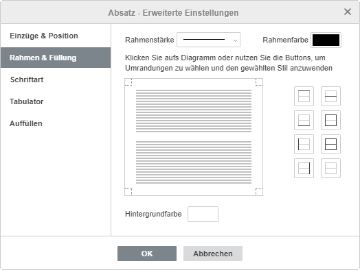 Erweiterte Absatzeinstellungen: Rahmen & Füllung