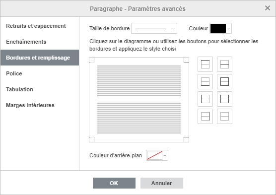 Paramètres avancées du paragraphe - Bordures et remplissage