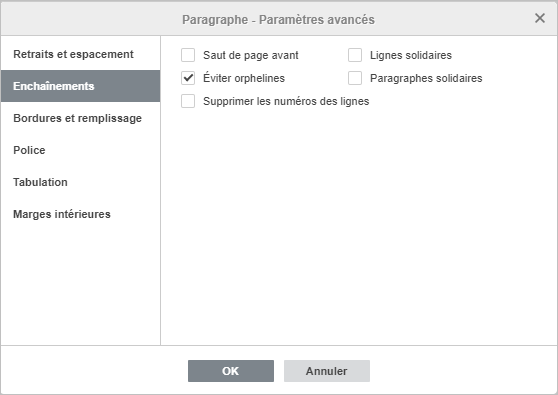 Paramètres avancés du paragraphe -  Sauts de ligne et de page