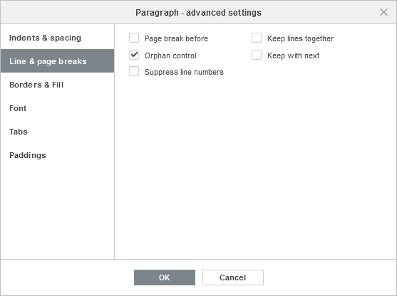 段落高级设置 - 行与分页符