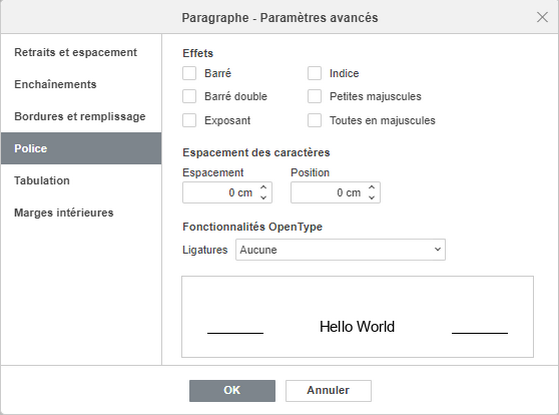 Paramètres avancées du paragraphe - Police