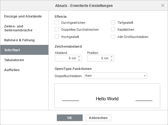 Absatz - Erweiterte Einstellungen: Schriftart