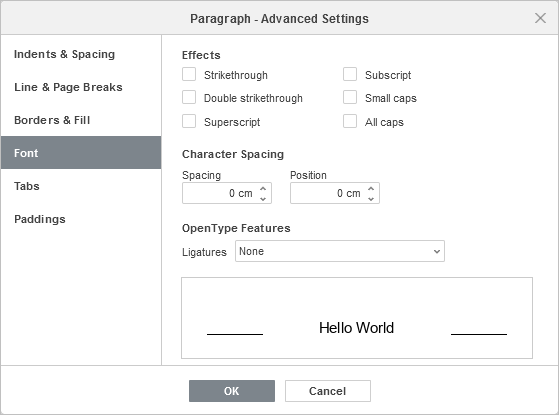 Paragraph Advanced Settings - Font