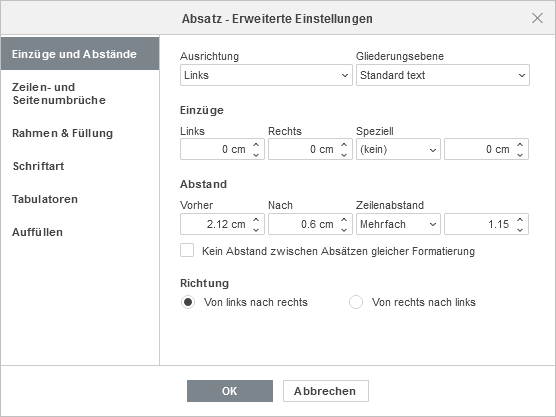 Absatz - Erweiterte Einstellungen: Einzüge & Position