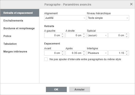 Paramètres avancées du paragraphe - Retraits et espacement