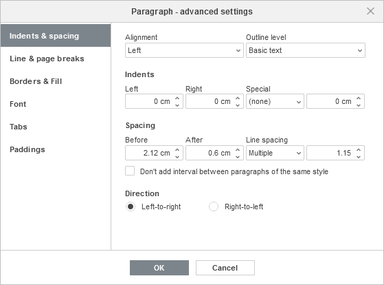 Paragraph Advanced Settings - Indents & Spacing