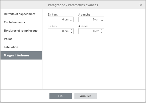 Paramètres avancées du paragraphe - Marges intérieures
