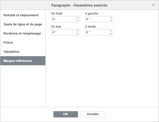 Paramètres avancés du paragraphe - Marges intérieures