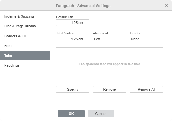 Paragraph Properties - Tabs tab