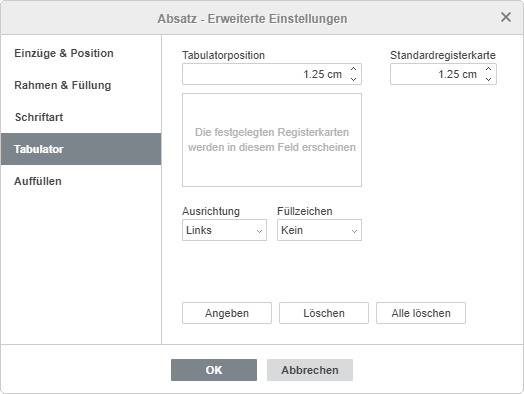 Absatzeigenschaften - Registerkarte Tabulator