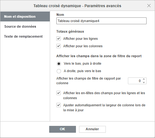 Paramètres avancés du tableau croisé dynamique