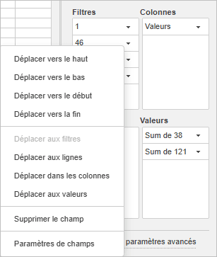 Menu du tableau croisé dynamique
