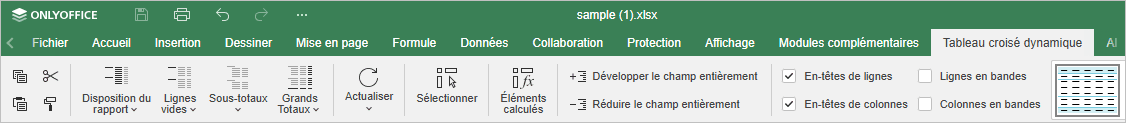 La barre d'outils du tableau croisé dynamique