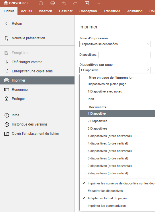 liste déroulante Diapositives par page