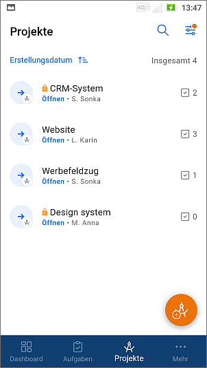 Projects in the list