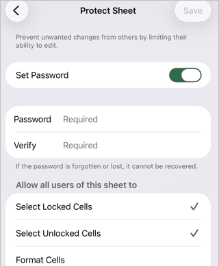 Protect sheet menu