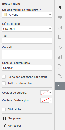 Paramètres su bouton radio