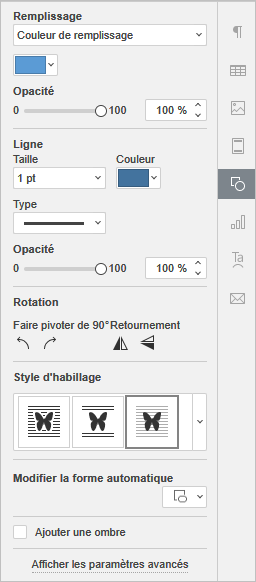 Onglet Paramètres de la forme