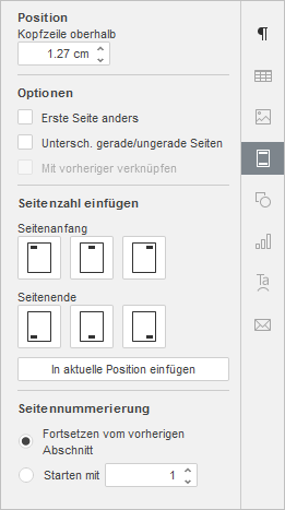 Rechte Seitenleiste - Kopf- und Fußzeileneinstellungen