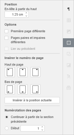 Barre latérale droite - Paramètres de l'en-tête et du pied de page