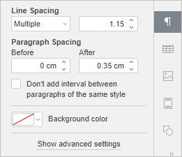 Right Sidebar - Paragraph Settings