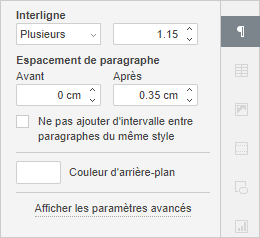 Barre latérale droite - Paramètres de paragraphe