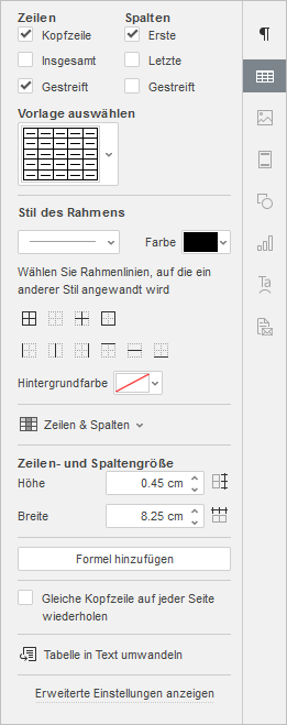 Rechte Seitenleiste - Tabelleneinstellungen