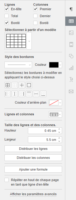 Barre latérale droite - Paramètres de tableau