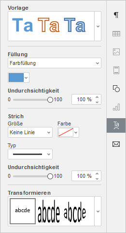 Registerkarte TextArt-Einstellungen