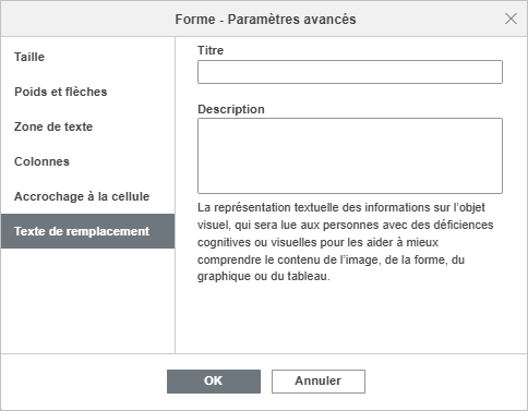 Forme - Paramètres avancés L'onglet Texte de remplacement