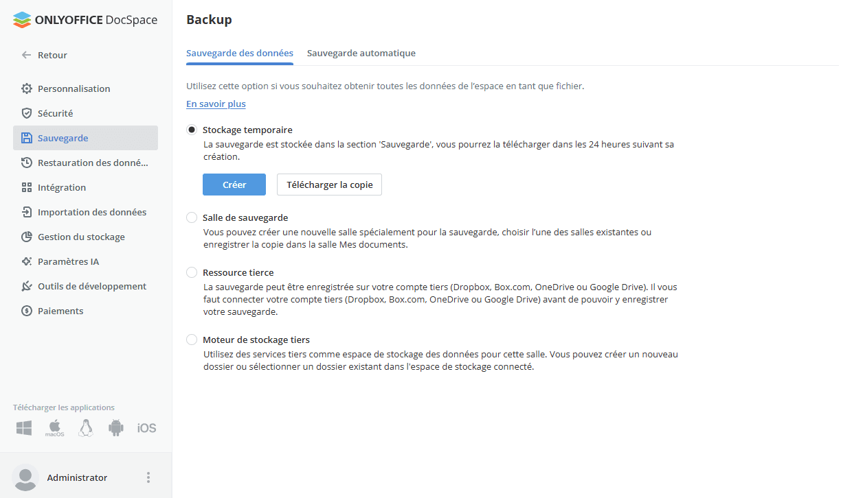 Créer Sauvegarde de l'espace unique