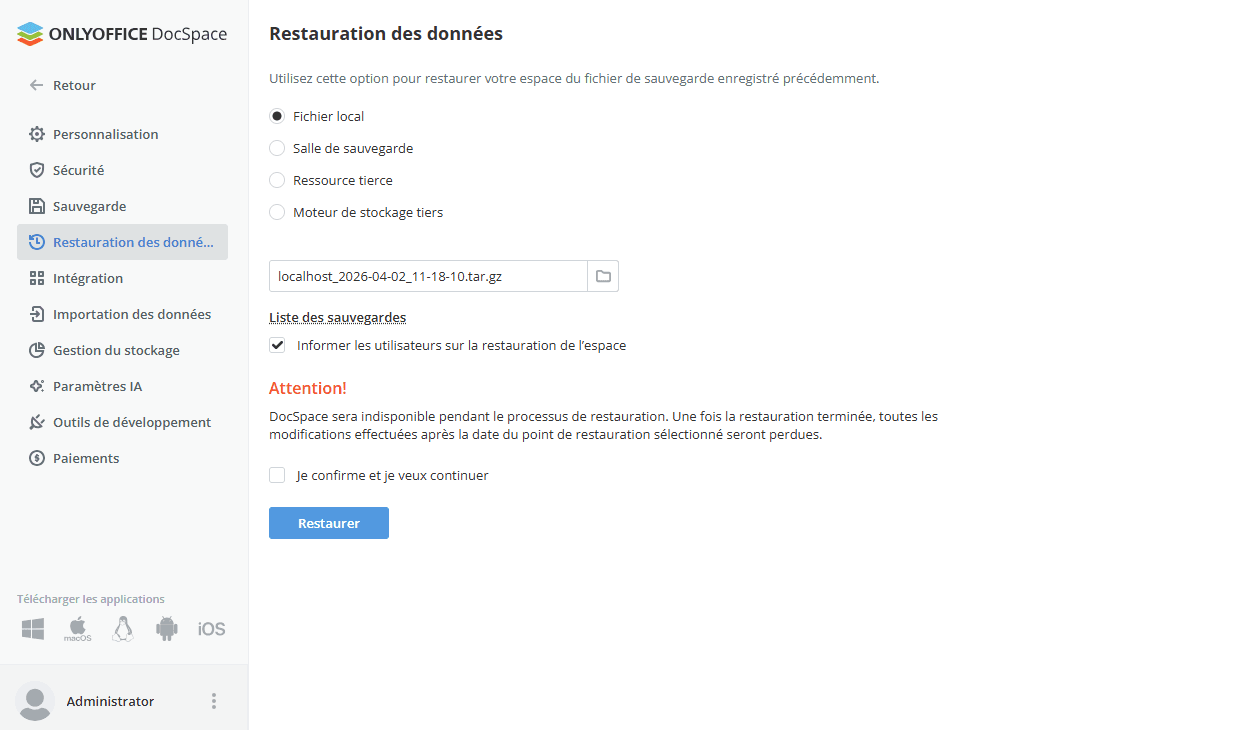 Restauration de sauvegarde