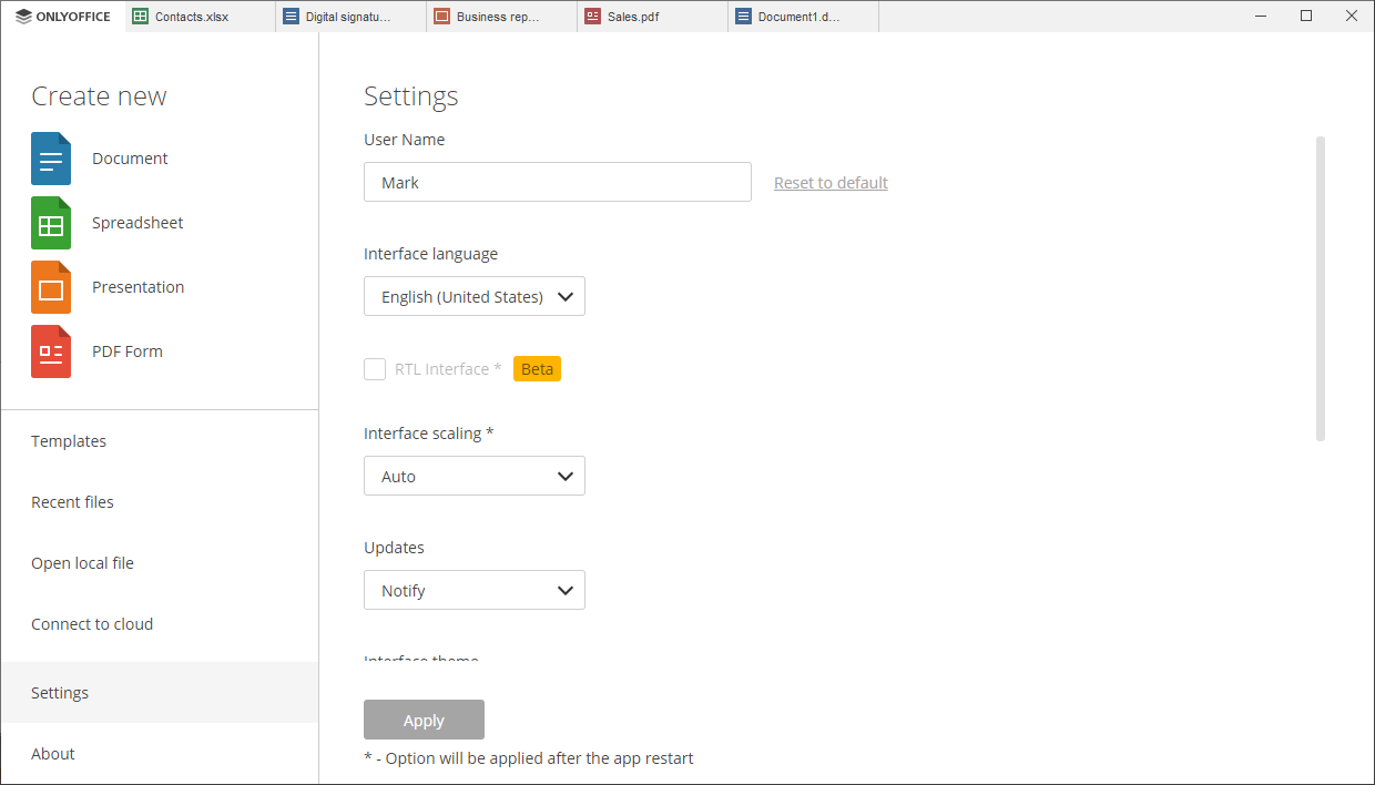 Paramètres de l'application