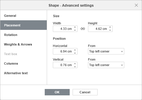 Shape Properties - Size tab
