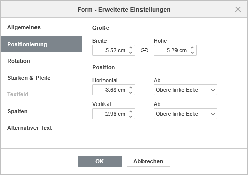 Formeigenschaften - Registerkarte Größe